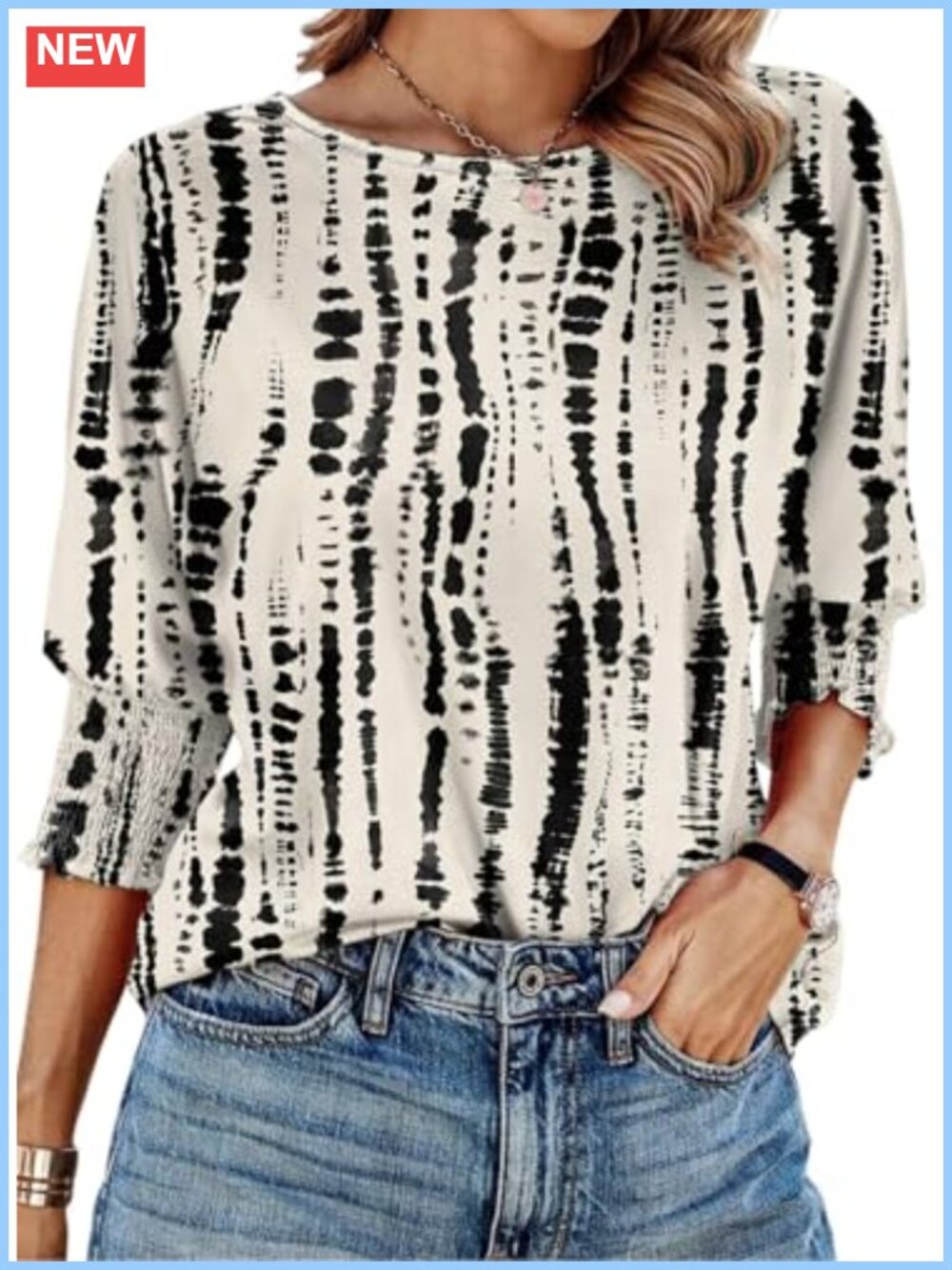 Womens 3/4 Sleeve T-Shirt Loose Fit Basic Tee Pleated Sleeve Casual Blouse